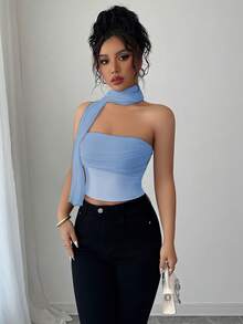 Elenzga Elegante top tubo plisado de malla para mujeres - Azul - Ver 6
