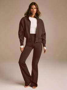 GLOWMODE 日常羊毛保暖轻薄柔软保暖轻盈前后缝线细节口袋蝙蝠袖高领全拉链夹克秋冬日常休闲 - 棕色 - 查看 8