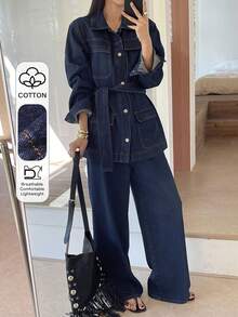 Dazy Tall Tall Women's Denim Jacket With Collar And Belt, And Matching Denim Pants, Casual Suit - Dark Wash - View 10
