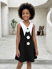 SHEIN Tween Girl Floral Decor Contrast Collar Sleeveless Black And White Dress,Summer Cute Modest Elegant Evening Party Formal Kids Mother Daughter Outfit - Black - View 14
