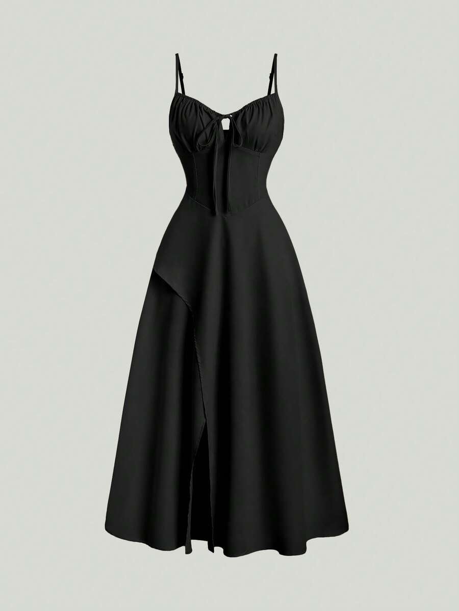 Sweetra Solid Color High Split Casual Vacation Spaghetti Strap Midi Dress Maxi Women Outfit Formal Dress Women Elegant Outfits Black Dress - Black - View 1