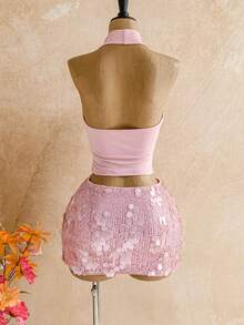 Soleia 2pcs Pink Sequin Vacation Set For Women Spring To Summer Easter Carnival Carnival Costume  Party Beach Wedding Beach Graduation Pink Two Piece Set Sequin Two Piece Set Pink Skirt Set Pink Vacation Outfit Pink Beach Outfit   Sequin Dress Pink Top Sparkle Two Piece Set Pink Outfit Women 2 Piece Two Piece Set Women Party Birthday Outfits For Women Two Pieces - Baby Pink - View 2