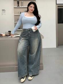 Dazy Plus Jeans de pierna ancha y larga de talla grande, lavados y desgastados, sueltos y relajados, jeans holgados - Neblina azul - Ver 5
