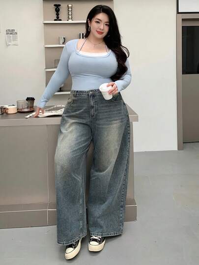 Dazy Plus Quần Jeans Denim Ống Rộng Rộng Co Giãn, Quần Jeans Rộng Thùng Thình, Quần Jeans Rộng
