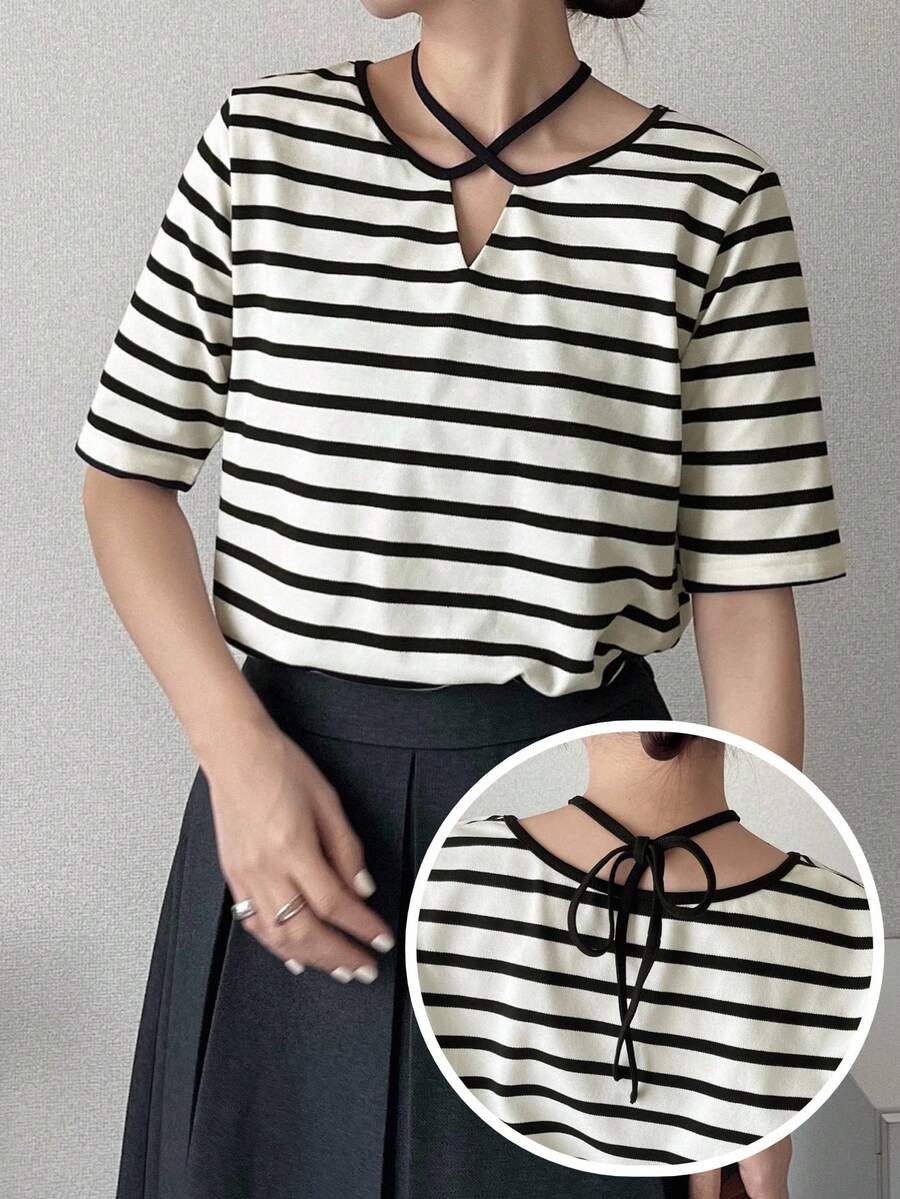 FRIFUL Women's Casual Striped Loose Fit T-Shirt, Versatile For Spring And Summer - Black and White - View 1