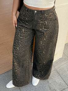 Dazy Plus Plus Size Women Leopard Print Pocket Button Washed Casual Versatile Wide Leg Jeans - Khaki - View 1