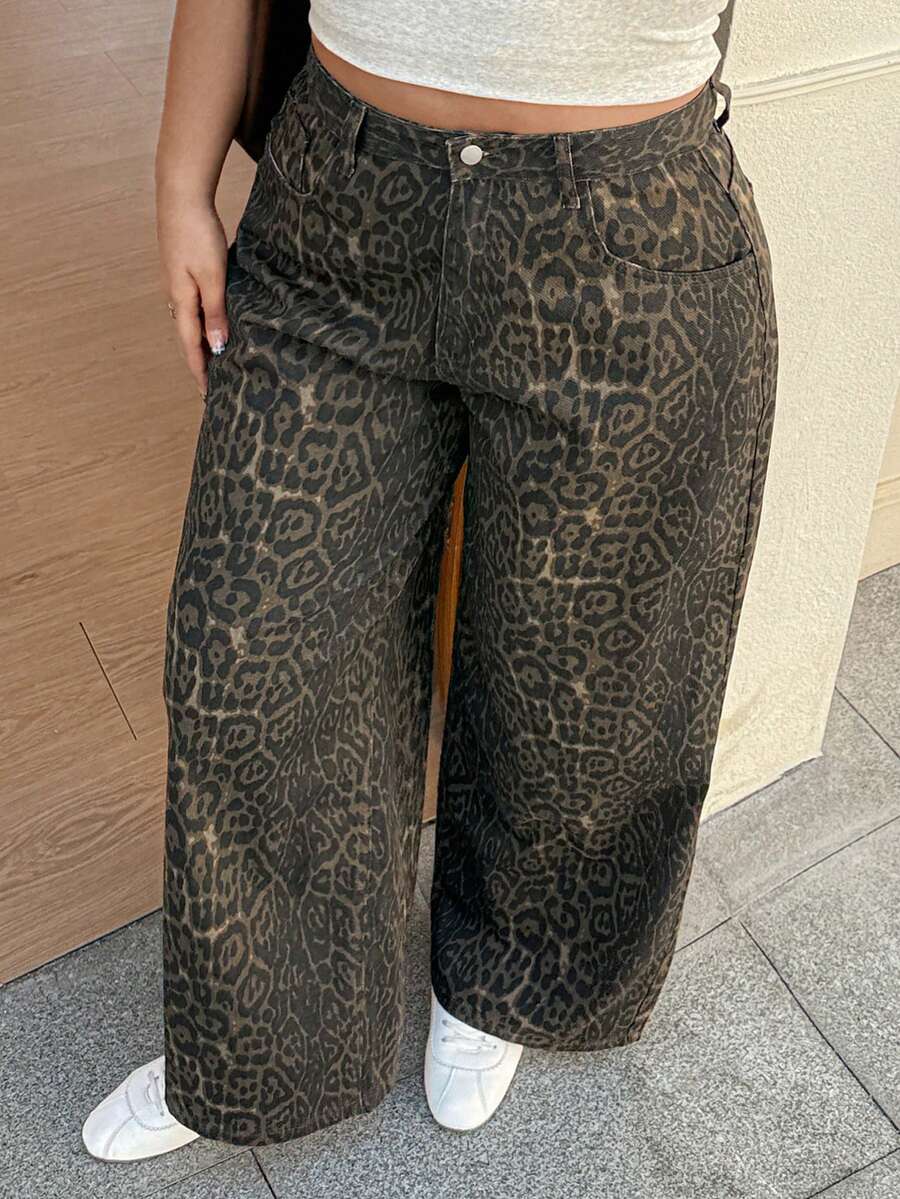 Dazy Plus Plus Size Women Leopard Print Pocket Button Washed Casual Versatile Wide Leg Jeans - Khaki - View 1