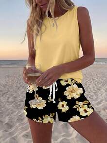 Sylviya 2 件套女士花卉印花无袖圆领吊带背心和短袖上衣，适合夏季外出和度假 - 彩色 - 查看 3