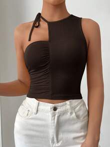 SHEIN Essnce Áo dệt kim lệch vai kiểu dáng thường ngày, thích hợp cho mùa xuân/hè. - Cà phê nâu - Xem 3