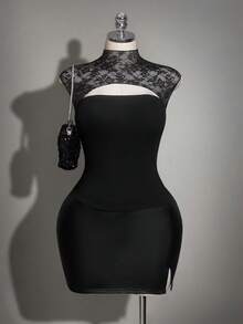SHEIN ICON 大码镂空蕾丝无袖针织上衣，性感优雅的Y2K针织衫 - 黑色 - 查看 4
