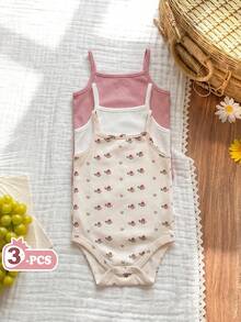 SHEIN 3件套休闲纯色针织吊带连体衣，粉色+白色+花卉图案 - 粉色 - 查看 3