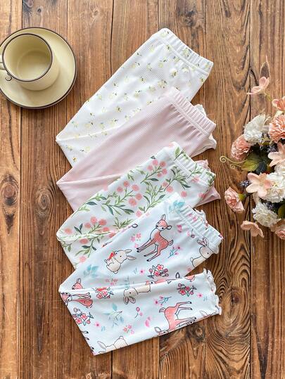 Souflis Souflis 4pcs/Set Girls' Ditsy Floral Sweet & Cute Versatile Soft & Comfortable Ribbed Knit Leggings, Apricot & Muted Tone, Spring/Summer