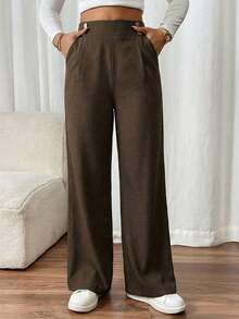SHEIN PETITE CURVE 新款加大码女式小码双扣直筒优雅通勤裤，高腰设计让您看起来更苗条，腿部更修长，适合娇小身材的女性。高腰设计让您看起来更苗条，腿部更修长，适合娇小身材的女性。适合所有季节和场合，适合娇小女孩和女性，夏季长裤，夏季服装，夏季度假服装，女士长款夏季裤，春季服装，阔腿裤，办公裤，棕色裤子，优雅裤，休闲裤，夏季高腰显瘦阔腿裤，优雅女士礼服裤，优雅派对裤，女士优雅裤，优雅长裤，女士度假服装，女士假日服装，夏季度假服装，夏季度假服装，休闲裤女士休闲裤 - 棕色 - 查看 4