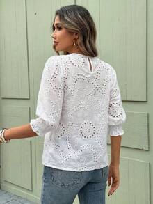 SHEIN Clasi Women's Vacation Casual Solid Color Hollow Embroidered Blouse Women Outfits Summer Spring Outfit Tops For European And American Style - White - View 2