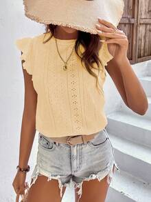 SHEIN LUNE Blusa con mangas de mariposa bordada con ojales para ropa de fiesta de vacaciones - Amarillo - Ver 4