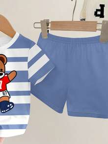 SHEIN Baby Boy Casual Minimalist T-Shirt Set Suitable For Summer, Classic Striped Print, Cute Cartoon 67 Football Bear Graphic Print - Multicolor - View 6