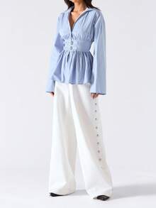 LYSMO 2026 New Arrive Minimalism Spring/Summer Women's Solid Color Drop Shoulder Long Sleeve Casual Shirt With Waist Buckle Design - Blue - View 5