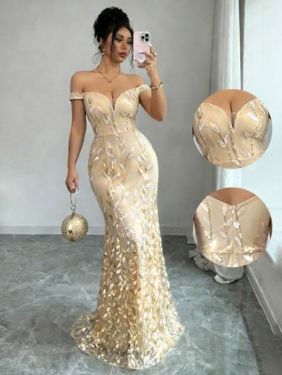 SHEIN Elenzya Vestido de sirena ajustado con hombros descubiertos, de malla y lentejuelas elegante para mujer