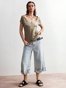 Bohemela 女士休闲 Y2K 波西米亚西部音乐节复古水洗针织做旧印花 V 领 T 恤，夏季上衣，女士夏季休闲风，适合海滩、夏季度假等场合。 - 軍綠色 - 查看 8