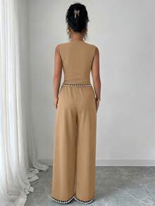 Selianne Women's Summer Elegant Office Camel Two Pieces Set,V-Neck Vintage Button Sleeveless Knitted Small Vest With Pocket Flap&Contrast Color Trim Hem Wear - Khaki - View 2