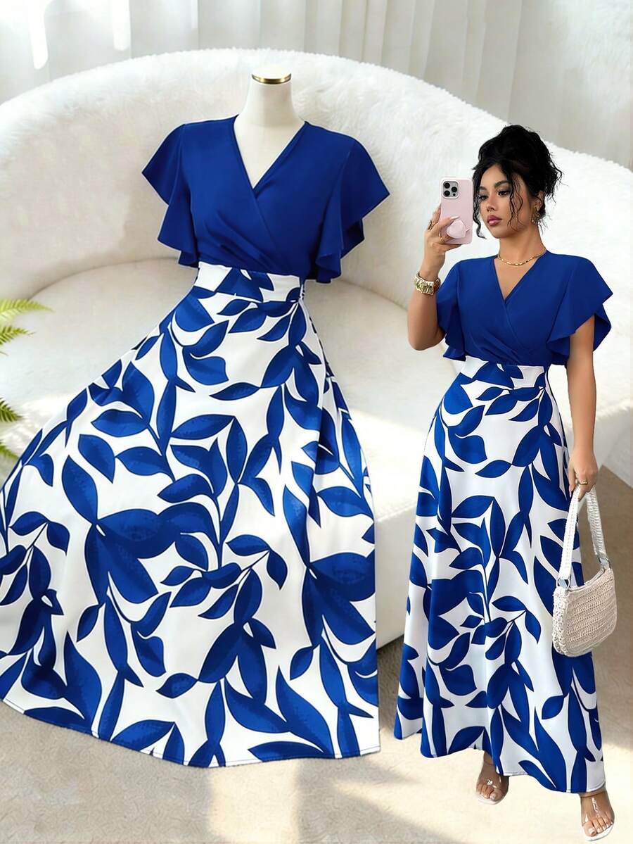 Elenzga Vestido ajustado y acampanado con mangas de campana, con patrón de hojas de color rojo burdeos elegante para mujer, primavera/verano - Azul - Ver 1