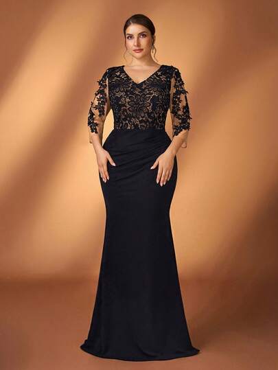 Serin 大码优雅浪漫奢华黑色深V弹力针织撞色网纱领褶皱花卉贴花修身鱼尾连衣裙，适合晚宴、单身派对、约会、舞会、度假、婚礼、新娘母亲礼服