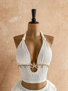 Soleia 女士度假扭结海星贝壳印花上衣和迷你裙两件套 - 白色 - 查看 4