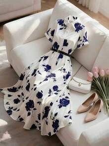 Airaco 优雅衬衫领收腰短袖中长连衣裙，适合休闲、度假、通勤等场合。 - 彩色 - 查看 3