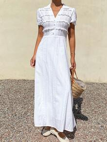 Livesso Textured Waist-Cinching Midi Dress For Women, Suitable For Vacation Sundress Summer Boho - Beige - View 8