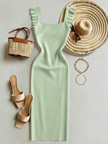 SHEIN Elegant Light Green Women's Autumn Square Neck Backless Knit Mid-Length Dress,Sleeveless Ruffle Hem Bodycon Sweater Dress For Brunch Party Cocktail - Mint Green - View 2