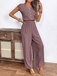 EMERY ROSE Women's V-Neck Single-Breasted Cuffed Sleeve Pocket Wide Leg Casual Jumpsuit - Dusty Pink - View 6