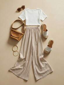 SHEIN Franclia Áo kiểu dáng thanh lịch, màu trơn, co giãn, ôm sát, họa tiết sọc, phong cách retro thường ngày, phù hợp cho kỳ nghỉ biển, đi làm hàng ngày, vẻ quyến rũ thời trang, bộ 2 mảnh gồm áo sơ mi và quần ống rộng buộc dây phía trước, trang phục thường ngày cho nữ, trang phục mùa xuân thanh lịch, trang phục mùa hè thịnh hành dành cho nữ. - Màu Khaki - Xem 2