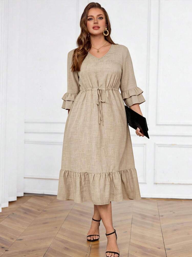 Plus Size Solid Color V-Neck Ruffle Hem Slant Pocket Casual Dress