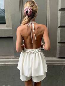 Elyressa Women's Solid Color Halter Tie-Up Backless Stylish Date Night Jumpsuit - Apricot - View 2