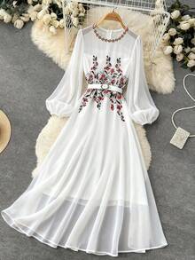 GlowEve Đầm dài voan mỏng tay phồng thêu hoa thanh lịch dành cho nữ, có thắt lưng, thích hợp cho mùa xuân, hè, thu. - Nhiều màu - Xem 4