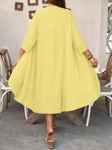 EMERY ROSE Chiffon Mid-Sleeve Jacket & Vintage Floral Print Dress 2-Piece Set, Plus Size Women's Country Style Spring/Summer Outfit - Light Yellow - View 2