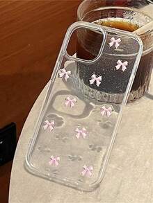 1个苹果手机壳，美观闪亮可爱3D花朵蝴蝶结手机壳，兼容 16 15 14 13 12 11 Pro Max Mini X XR XS Max 7 8 Plus SE，日韩少女风，爱心仿珍珠环氧树脂透明壳，防水防震防摔防刮花 - 小粉紅色蝴蝶結 - 查看 7