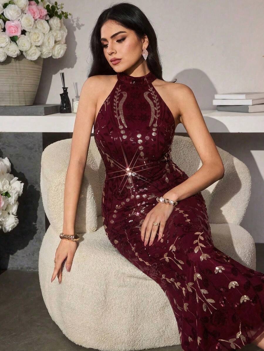 Modelyn فستان رسمي فاخر مزين بالخرز والتطريز للنساء، يعمل على إنحاف الجسم - عنابي اللون - مشاهدة 1