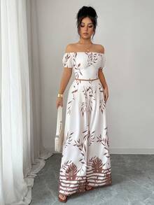 Elenzga Women's Vacation Plant Pattern Off-Shoulder Blouse And Wide-Leg Pants 2 Pieces Set - Apricot - View 6