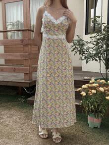 Livesso 女士花卉撞色蕾丝吊带中长连衣裙，度假款 - 黃色 - 查看 4