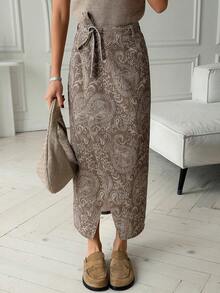Spring & Summer Botanical Floral & Geometric Print Bohemian Casual Vacation Style Twist Tie Waist A-Line Denim Skirt Boho - Brown - View 6