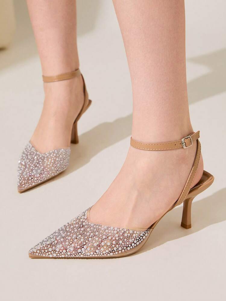 CUCCOO CHICEST Faux Pearl & Rhinestone Decor Transparent Plastic Closed Toe High Heel Sandals, Sexy Elegant Backless Pointed Toe Women Shoes Summer Shoes Summer Break Easter Prom Heels For Christmas Elegant Shoes Wedding Shoes Summer Shoes Bride Shoes