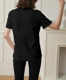 Nueva camiseta de mujer 2026 otoño-invierno, de manga corta con cuello redondo, 100% algodón, holgada, de estilo casual y versátil con estampado moderno, ideal como prenda básica. - Negro - Ver 2