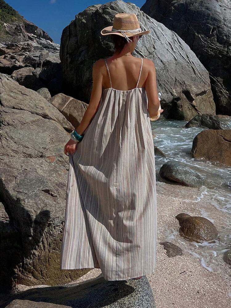 Striped Mid-Length Beaded Decor Dress For Women, Summer Holiday & Easter Sundress