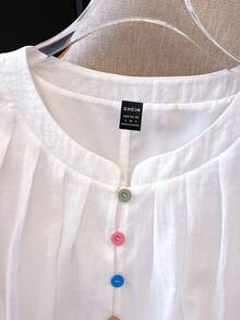 SHEIN PETITE Women's Elegant Minimalist Solid Color Pleated Collar Colorful Button Decor Round Neck Short Sleeve Blouse - White - View 5