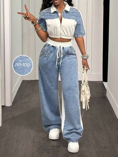 Slaydiva Jeans casuales de uso diario para mujer con detalle de remaches y contraste de color en la cintura con cordón