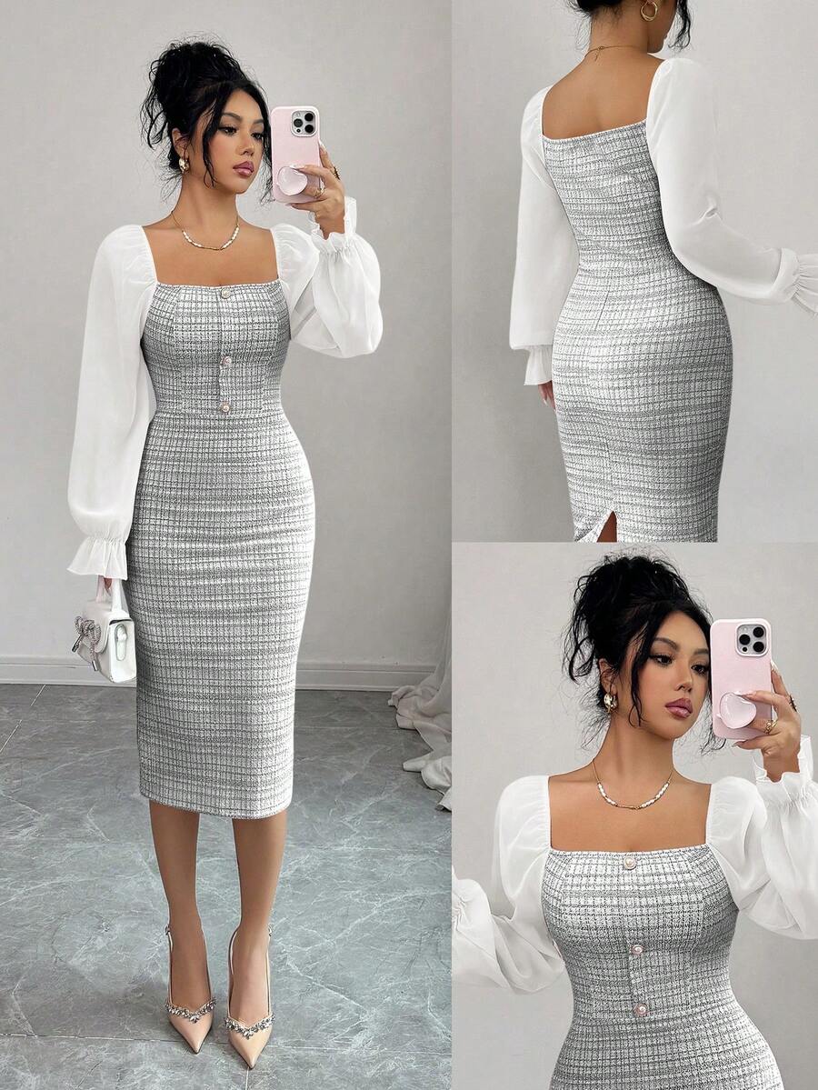 Elenzga Elegant Date/Holiday Tweed Patchwork Chiffon Collared Dress - Black and White - View 1