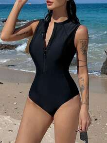 Livesso Women's Sleeveless Solid Color One-Piece Swimsuit With Hollow Back, Zipper Front Closure, Sports Sporty Beach Wear Summer Black - Black - View 7
