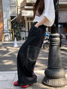 Women's Regular Waist Leopard Print Patchwork Pocket Decor Loose Straight Leg Casual Jeans - Dark Wash - View 9