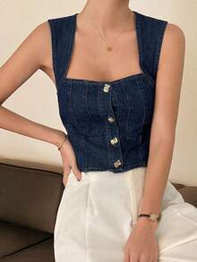 DAZY Women's Sleeveless Cropped Denim Vest, Casual Vacation Style - Dark Wash - View 2